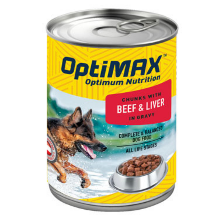 Optimax Beef & Liver Wet Dog Food in 14.6oz can, featuring beef and liver ingredients for pets, by Farmacias Savia.