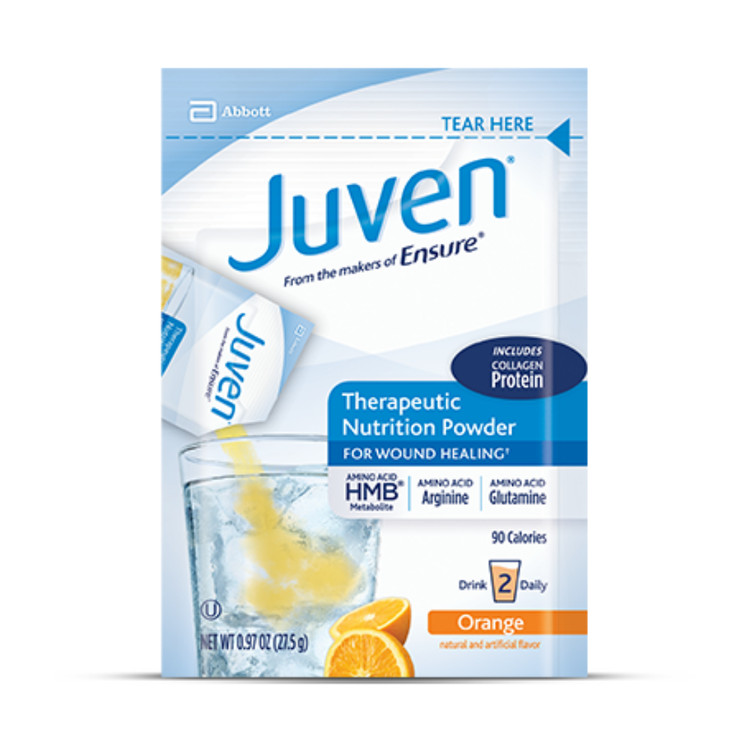 Juven Orange Therapeutic Nutrition Powder packet, a dietary supplement from Farmacias Savia, in a 0.97 oz package.
