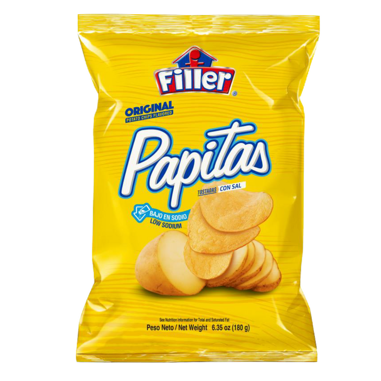 Filler Papas Regular Potato Chips in 6.35oz bag by La Comprita, crispy golden potato chips in a colorful bag.