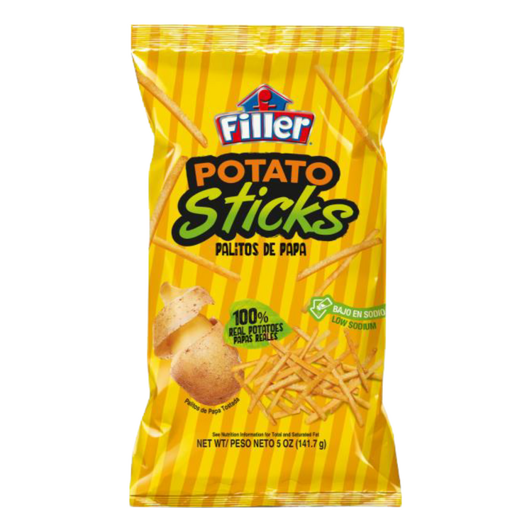 Filler Potato Stick Snack by La Comprita, 5oz, crispy potato snack in a colorful bag with potato stick images