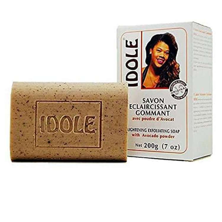 Idole Lightening Exfoliating Soap with Avocado Powder by Farmacias Savia, 7 oz bar showing textured soap with avocado ingredients.