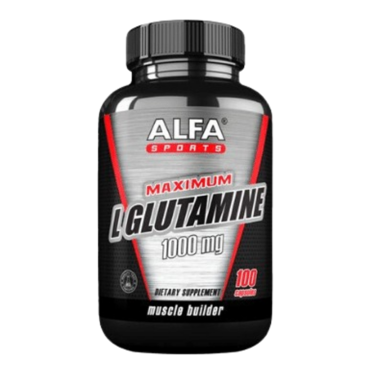 Alfa Max L-Glutamine Capsules, 100-count dietary supplement in white capsules, designed for muscle recovery and immune support.