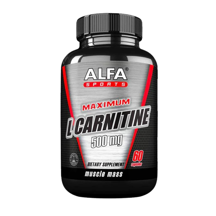 Alfa Sports Maximum L-Carnitine 500mg capsules in a bottle, dietary supplement for energy and fitness from Farmacias Savia.