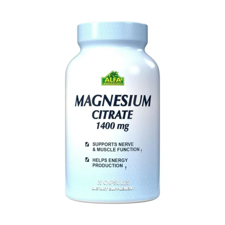 Alfa Magnesium Citrate supplement bottle with 60 capsules, 1400 mg, from Farmacias Savia in a clear container with label.