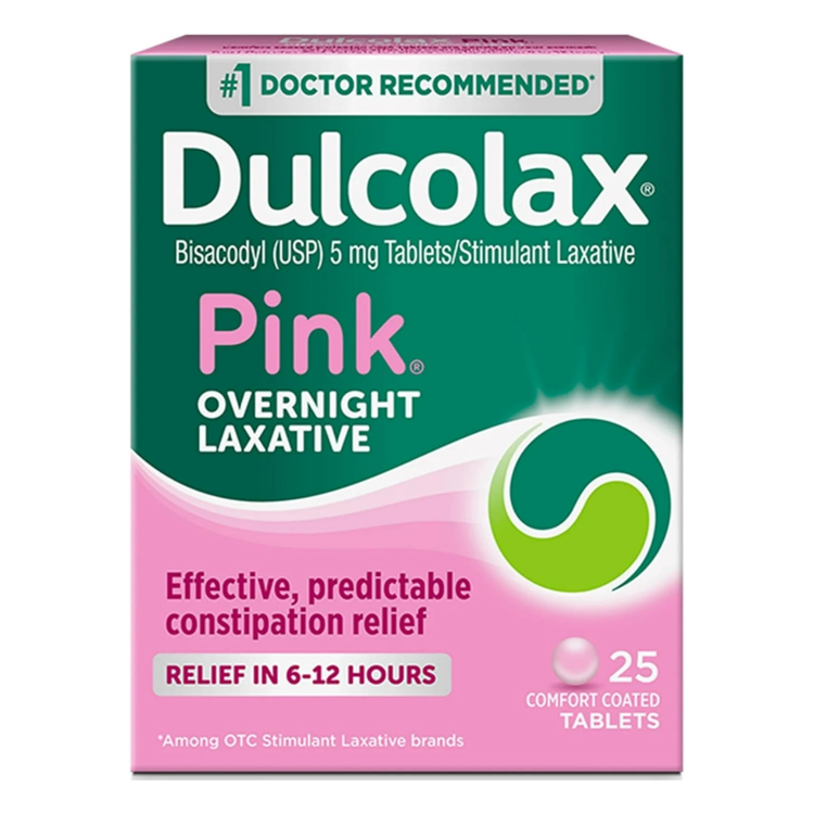 Dulcolax Pink Laxative Tablets for Women, 25 count, showing pink tablets in blister pack, designed for gentle bowel relief.