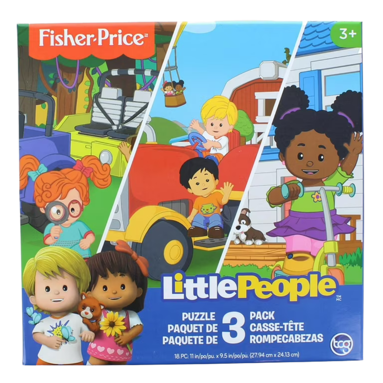 Fisher-Price Little People 3-Pack Puzzle Set for ages 3 and up, featuring colorful farm-themed puzzle pieces.