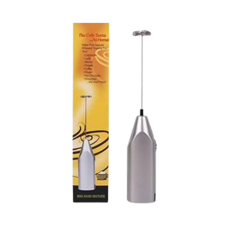 Handheld electric milk frother and coffee foam maker by Farmacias Savia, showing a sleek device for frothing milk and making coffee foam.