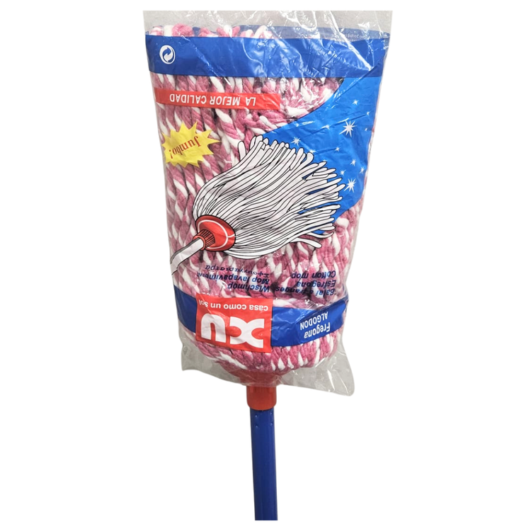Mapo cotton mop with handle, Farmacias Savia brand, featuring a sturdy handle and soft cotton mop head for cleaning.