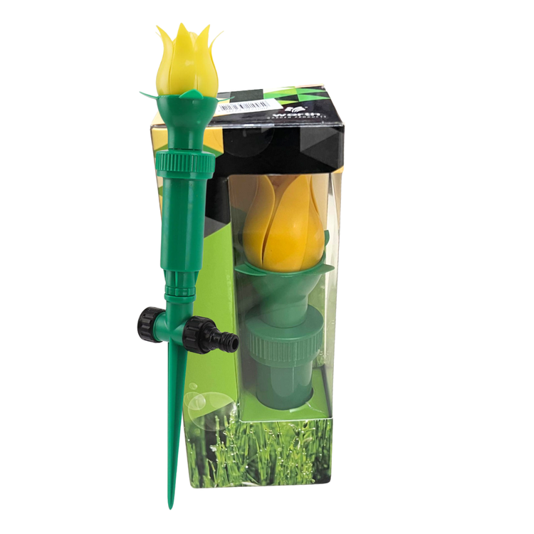 Farmacias Savia Tulip Garden Sprinkler for irrigation, showing the colorful, flower-shaped garden sprinkler on a lawn.