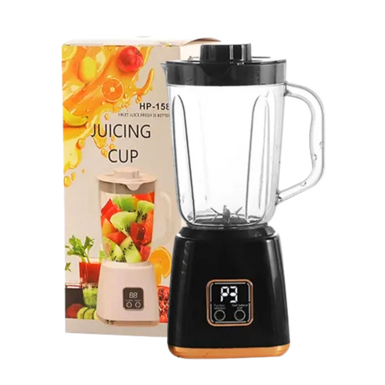 Portable Farmacias Savia Juicing Cup HP-158 blender with transparent plastic container and blending blades inside.