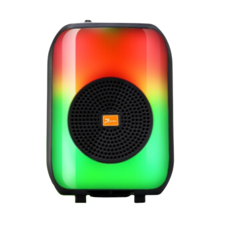 Farmacias Savia HB-658 6.5-inch portable Bluetooth speaker with RGB lights, showing its compact design and colorful lighting features.