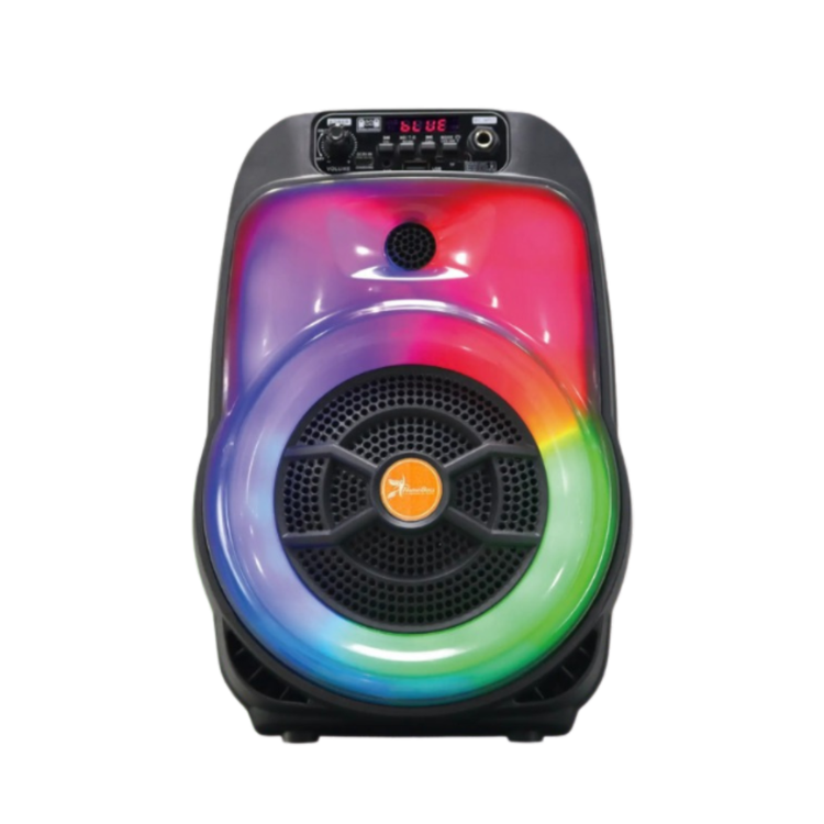 Farmacias Savia HB-659 6.5-inch portable Bluetooth speaker with RGB lights, compact design, and wireless connectivity.