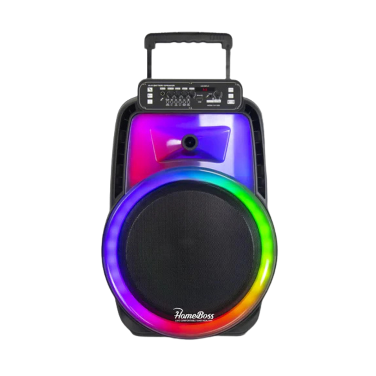 Farmacias Savia HomeBoss CH-1206 15-inch portable Bluetooth party speaker with handle and control buttons, ready for outdoor use.