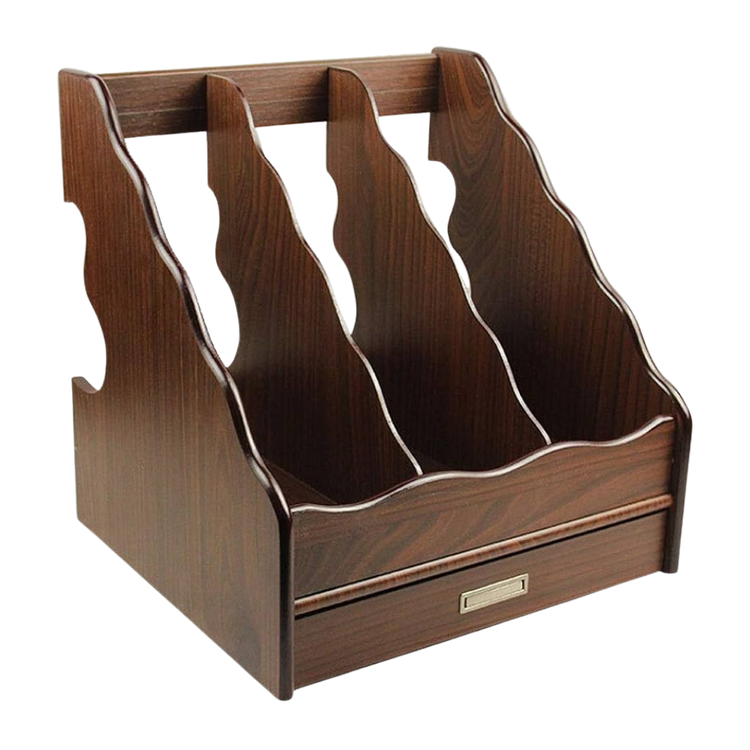 Wooden 3-slot desktop file and magazine organizer by Farmacias Savia, with compartments for organizing papers and magazines.