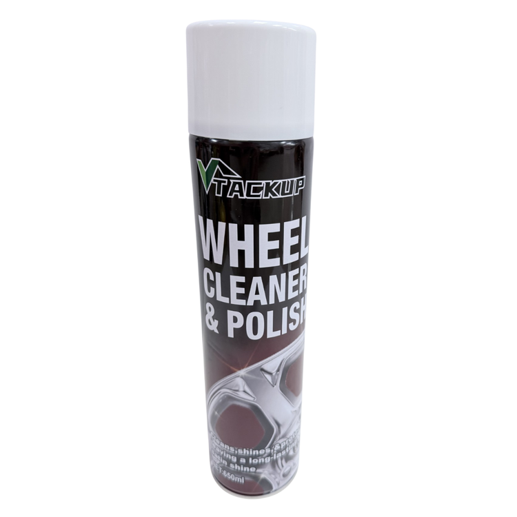 Farmacias Savia Tack Up Wheel Cleaner & Polish for Rims in 22oz bottle, showing the product label and cleaning brush.
