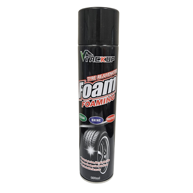 Foaming cleaner and protector for tires, Tack Up Tyre Rejuvenator by Farmacias Savia, showing a foaming tire cleaning product in a spray bottle.