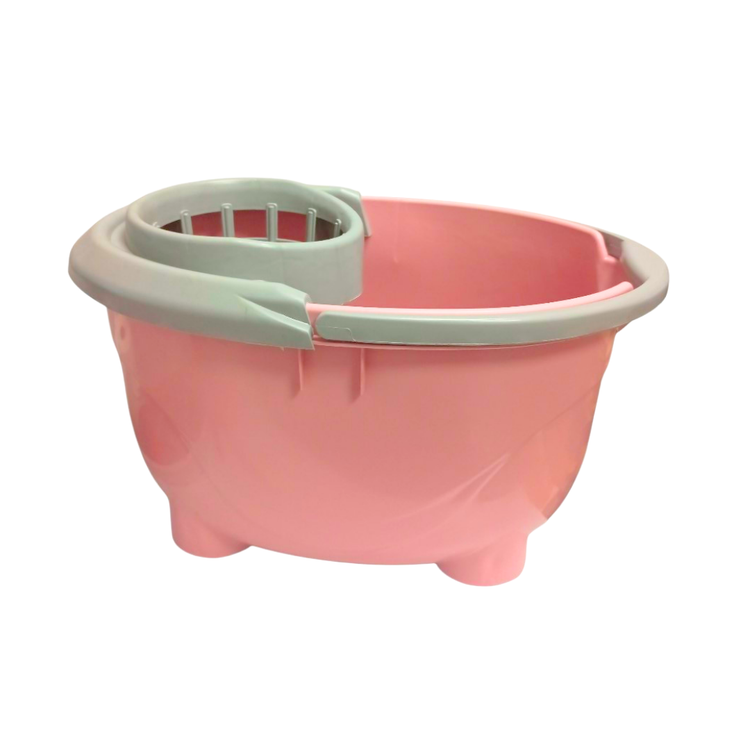 Pink heavy-duty plastic mop bucket with wringer, featuring a sturdy design ideal for commercial cleaning tasks.