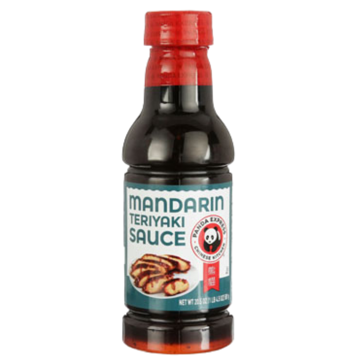 Farmacias Savia Panda Express Mandarin Teriyaki Sauce bottle, 20.75 oz, with label showing vibrant orange sauce and branding.