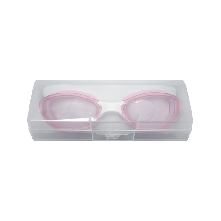 Pink kids swimming goggles with a hard protective case, designed for young swimmers by Farmacias Savia.