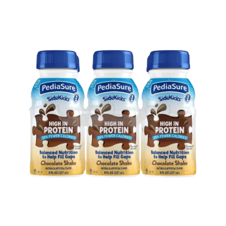PediaSure Grow & Gain High Fiber Chocolate nutritional drinks, 6-pack, each 8oz, in bottles with chocolate flavor and nutrition labels.
