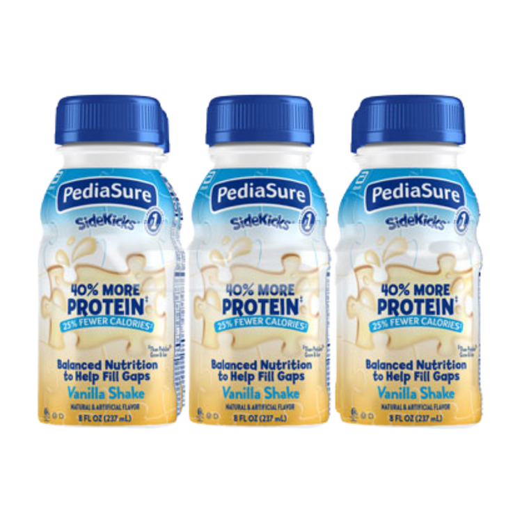 Six 8oz bottles of PediaSure Grow & Gain High Fiber Vanilla nutritional drinks by Farmacias Savia, arranged in a pack.
