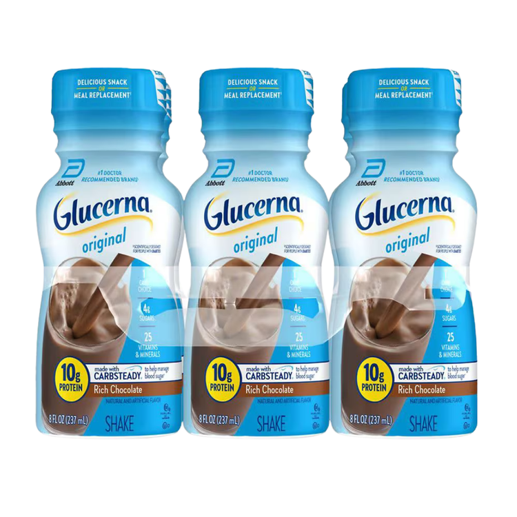Farmacias Savia Glucerna Original Nutrition Shake in Rich Chocolate flavor, 6-pack bottles, 8oz each, on a plain background.