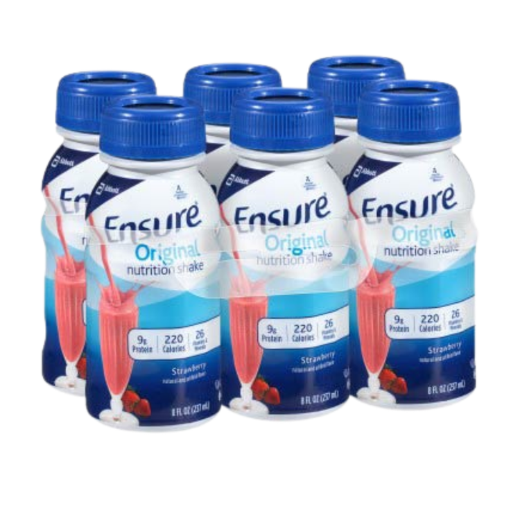 Ensure Original Strawberry Nutrition Shake 24-pack, with bottles featuring bright strawberry flavor branding and nutritional info.