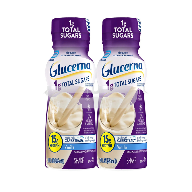 Four vanilla Glucerna 1g Sugar Nutrition Shakes in 10 fl oz bottles, designed for balanced diabetic-friendly nutrition.