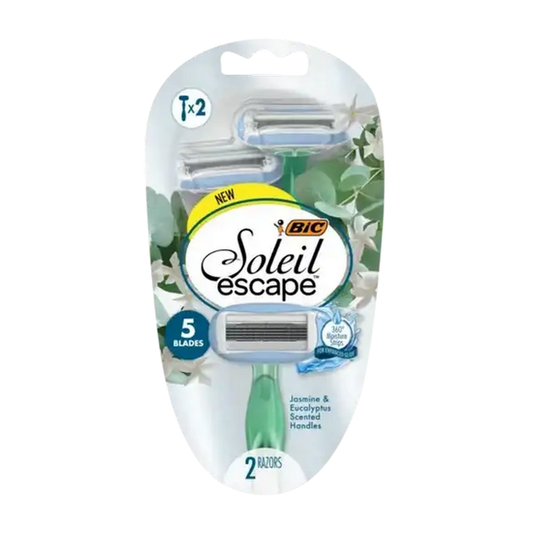BIC Soleil Escape razors for women in a 2-pack, with sleek handle design and multiple blades for smooth shaving.