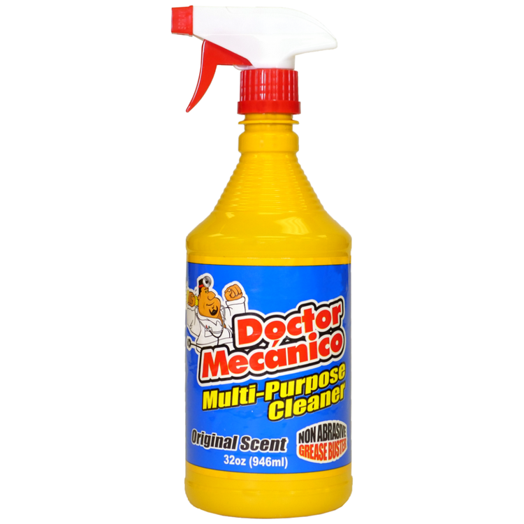 Multi-use lubricant spray in 32oz bottle, featuring Doctor Mecánico by Farmacias Savia, with a spray nozzle and label on the container.