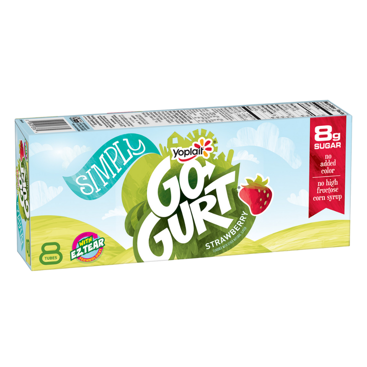 Farmacias Savia Go-GURT strawberry yogurt tubes, 2oz, 8-pack, featuring bright packaging and strawberry flavor.