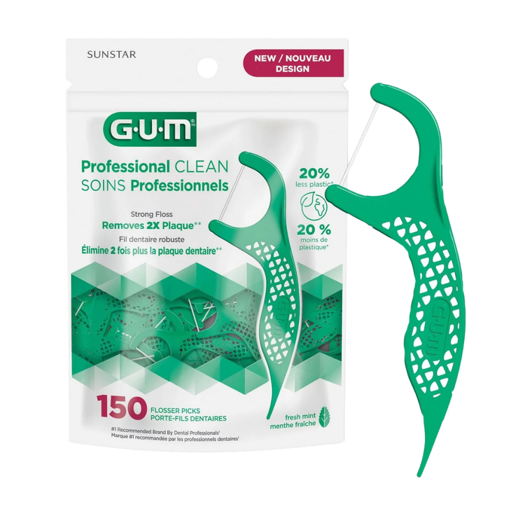 GUM Professional Clean Flosser Picks in Fresh Mint, 150-count, with ergonomic handle and mint-flavored dental floss for oral hygiene.