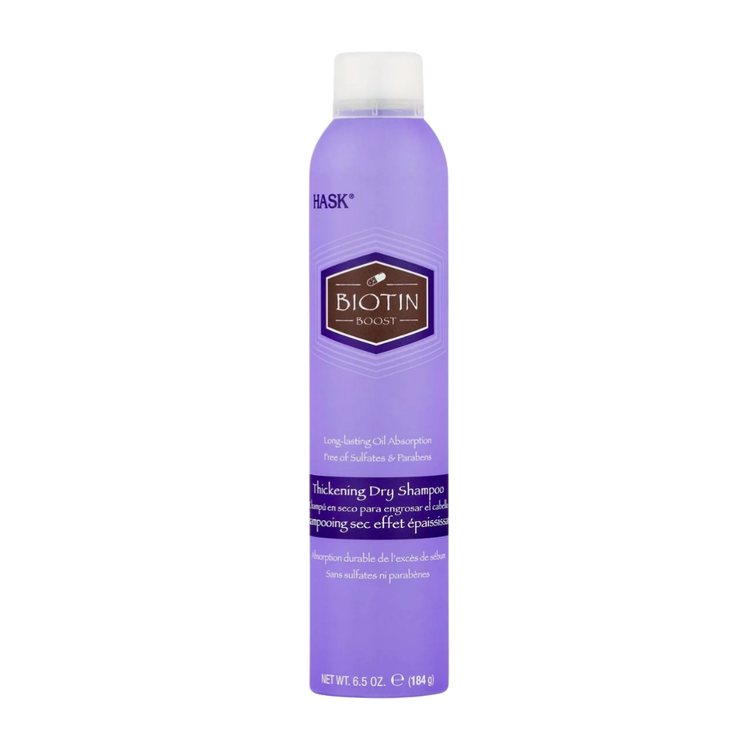 Hask Biotin Boost Thickening Dry Shampoo in 6.5oz spray bottle, suitable for all hair types, with a sleek packaging design.