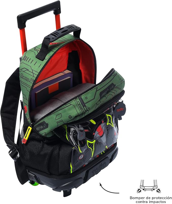 Three-piece TOTTO Argon Bulto luggage set with wheels in vibrant green robot design, ideal for travel and easy to carry.