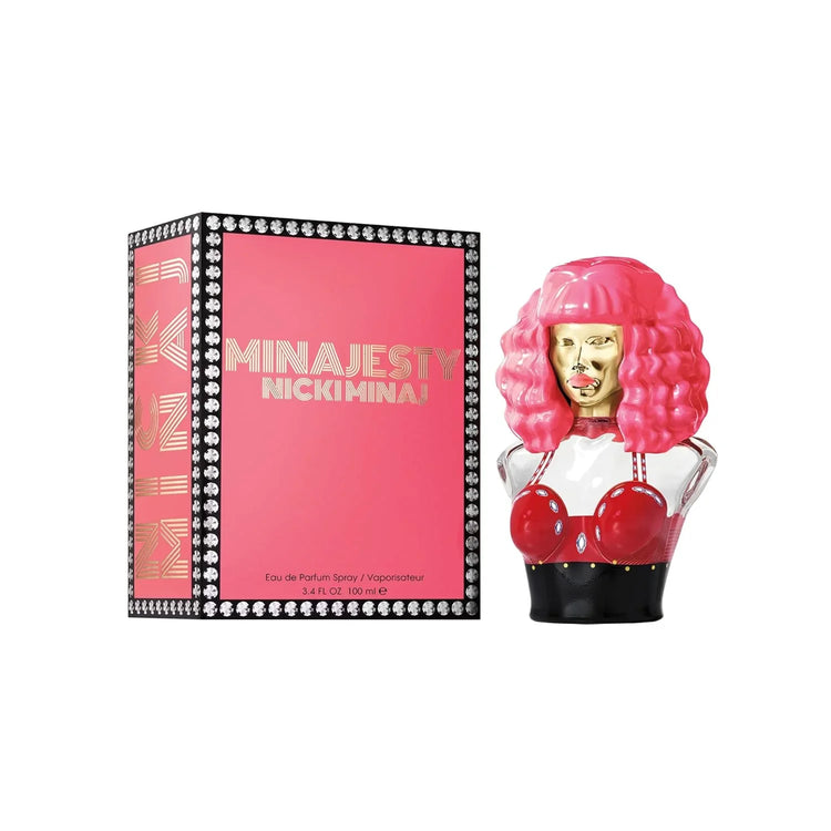Nicki Minaj Minajesty for Women body mist bottle, 3.4 oz, with pink and purple floral design and brand label visible.