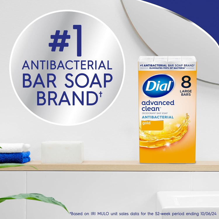 Farmacias Savia Dial Antibacterial Bar Soap Advanced Clean Gold, 4 oz, 8 bars, antibacterial soap for effective skin cleansing