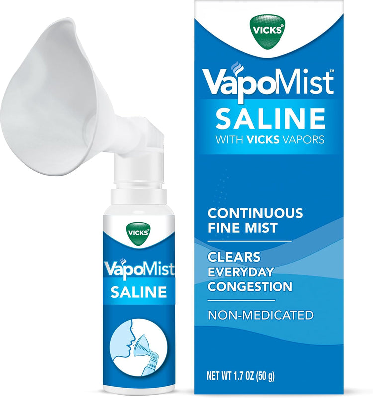 Farmacias Savia Vicks VapoMist Saline spray with soothing vapors in a 1.7 oz bottle, gentle non-medicated nasal mist.