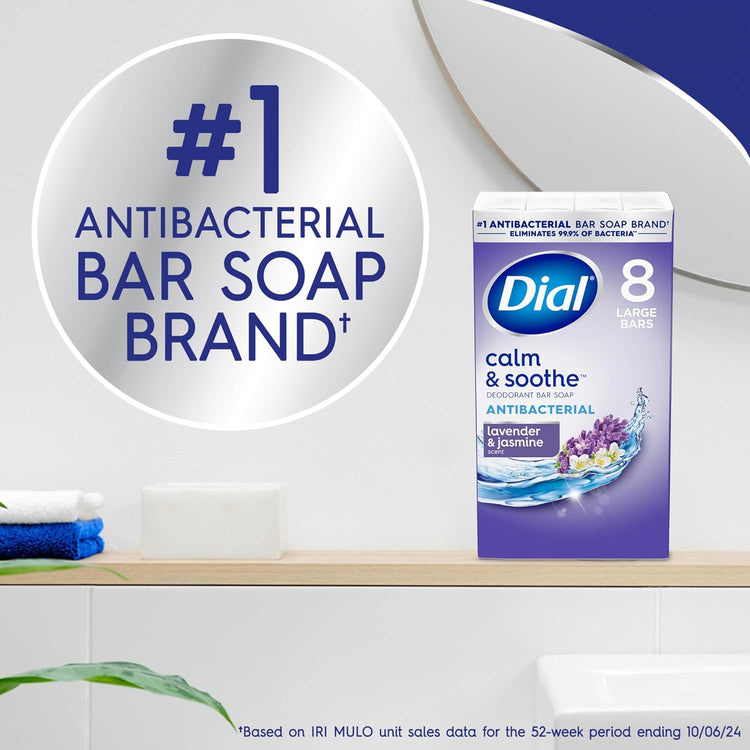 Bar soap image featuring Dial Calm Soothe antibacterial soap bars, 4 oz, 8-pack, in a clean, white packaging.