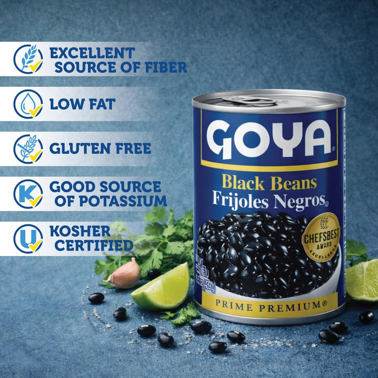 Canned Goya black beans labeled Habichuelas Negras in 15.5 oz can, featuring a black and white design with beans visible on the label.