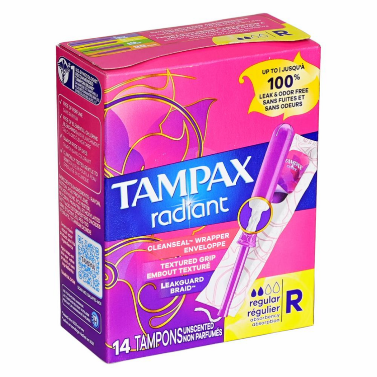 Box of Tampax Radiant Regular Absorbency Unscented Tampons, 28 count, with tampons displayed next to the box.