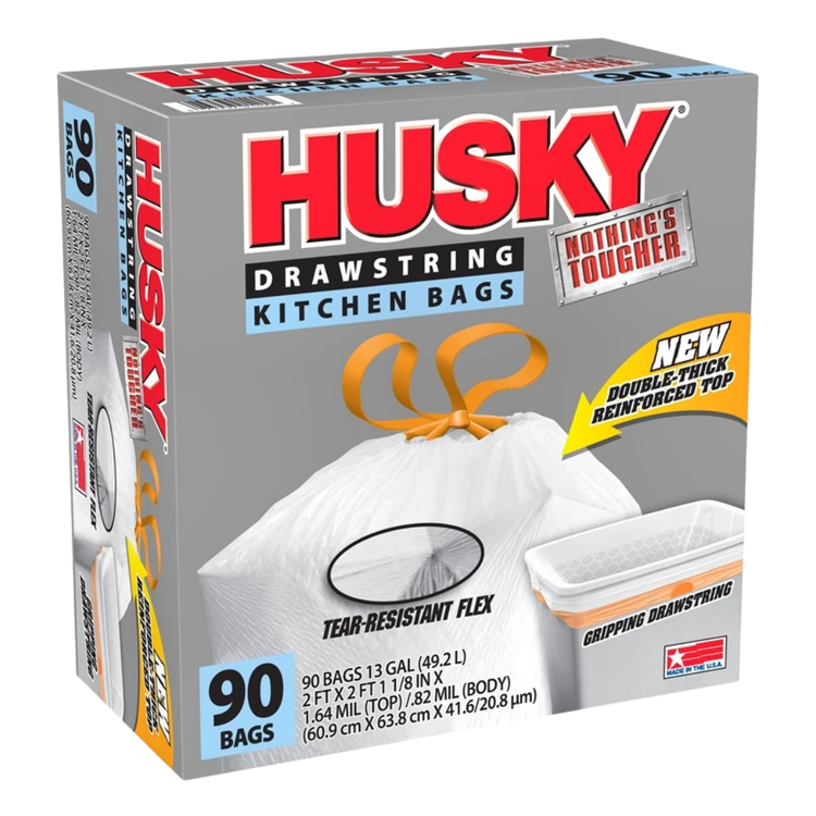 Husky 13-gallon kitchen trash bags by Farmacias Savia, 90-count, with black durable plastic for household waste disposal