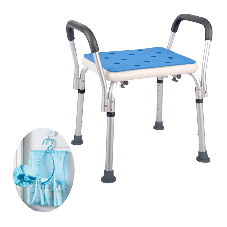 Medokare shower stool with arms, OTC bathroom aid featuring a sturdy seat and armrests for safety and support.