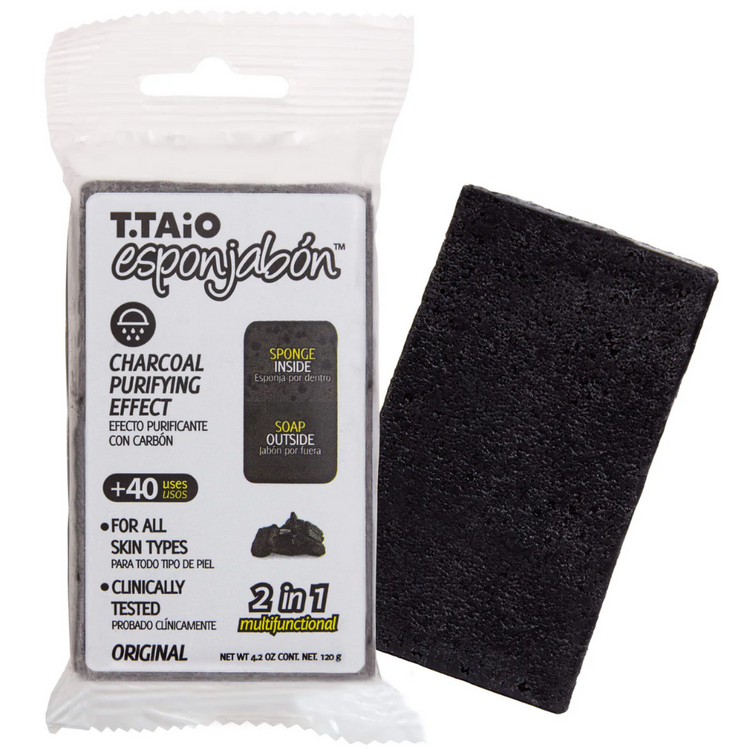 Farmacias Savia T.Taio Charcoal Purifying Effect Soap Sponge, 4.2oz, natural cleansing and exfoliating for skin.