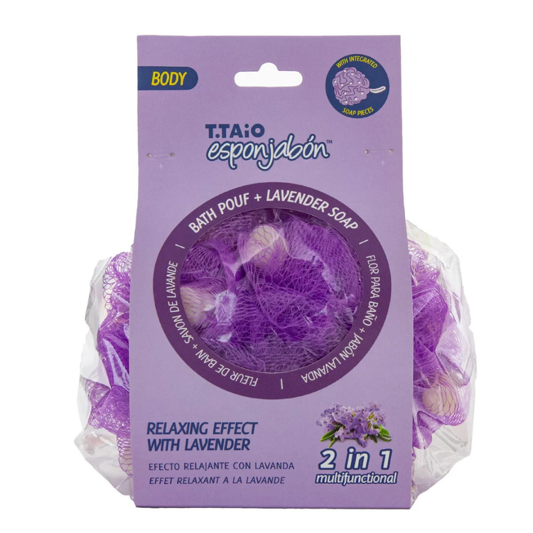 Lavender bath pouf and lavender soap from T.Taio Esponjabon by Farmacias Savia, showing the textured pouf and lavender soap bar.