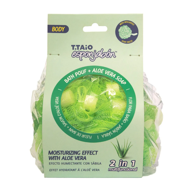 Aloe Vera bath pouf and soap set featuring a soft, green exfoliating sponge and a bar of aloe vera soap, natural skincare essentials.