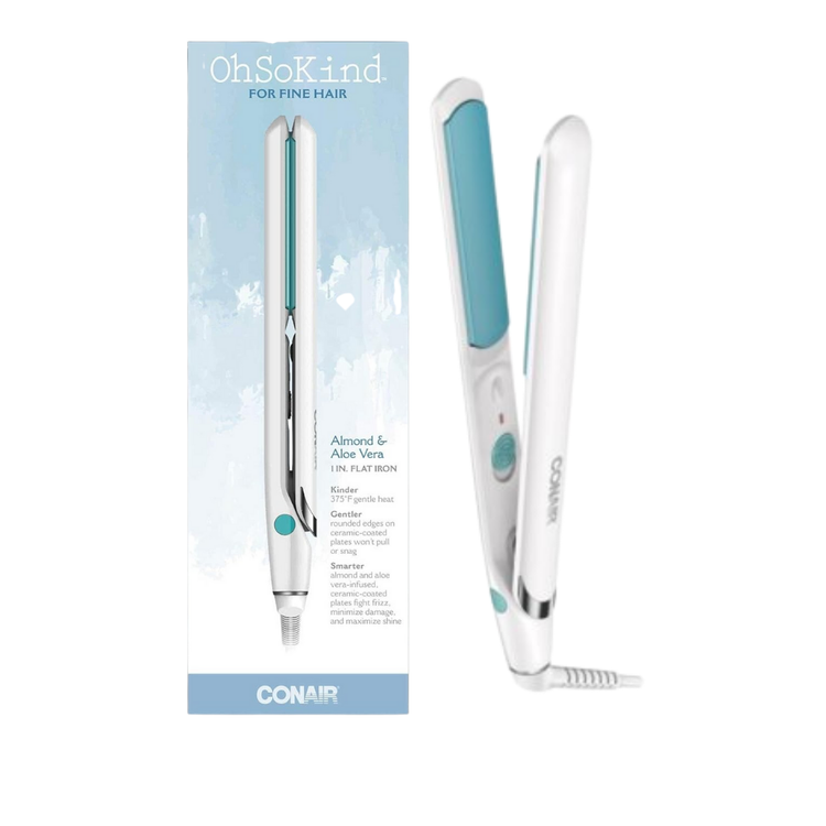 Conair OhSoKind 1-inch flat iron for fine hair, with ceramic plates and sleek black design, used for straightening hair.