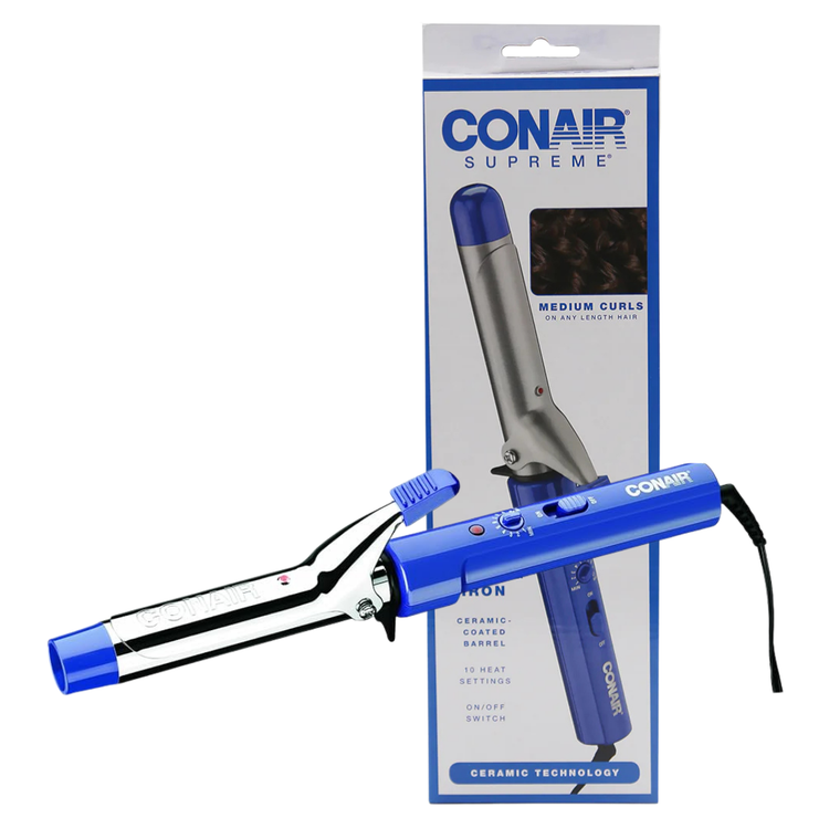 Blue Conair Supreme 1-inch curling iron with a sleek handle and barrel for creating curls and waves.