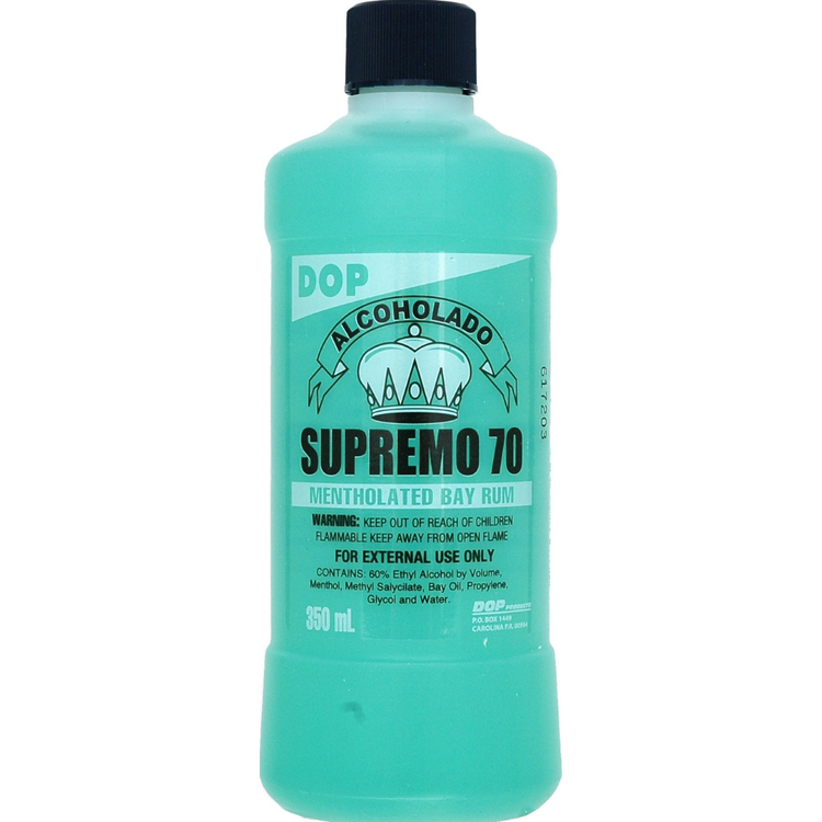 DOP Alcoholado Supremo 70 Mentholated Bay Rum in a 350 mL bottle, used for pain relief, infections, and fungal issues.