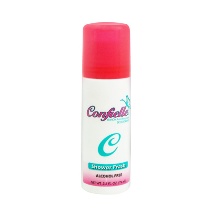 Confielle Shower Fresh roll-on deodorant in 2.5oz bottle, Farmacias Savia brand, with clear label and applicator tip visible.