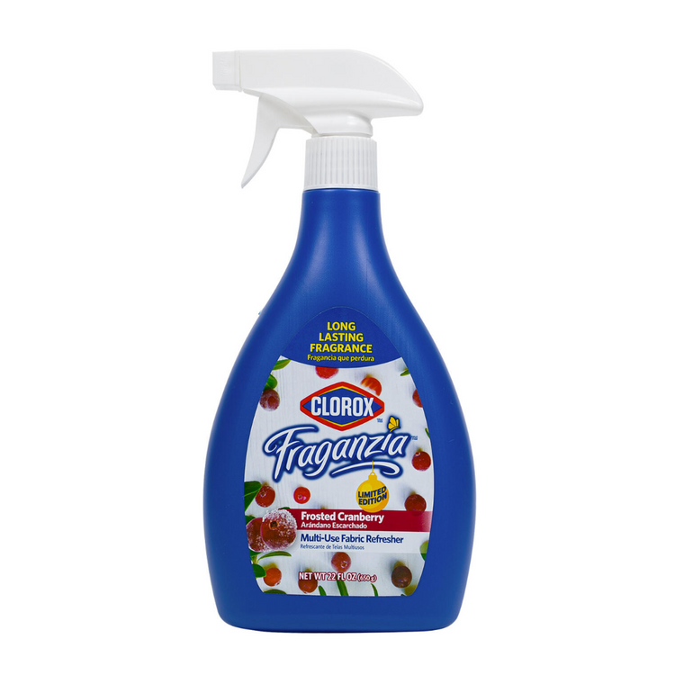 Clorox Scentiva Fabric Refresher Spray 22oz for freshening clothes, shown in a clear spray bottle with floral design.